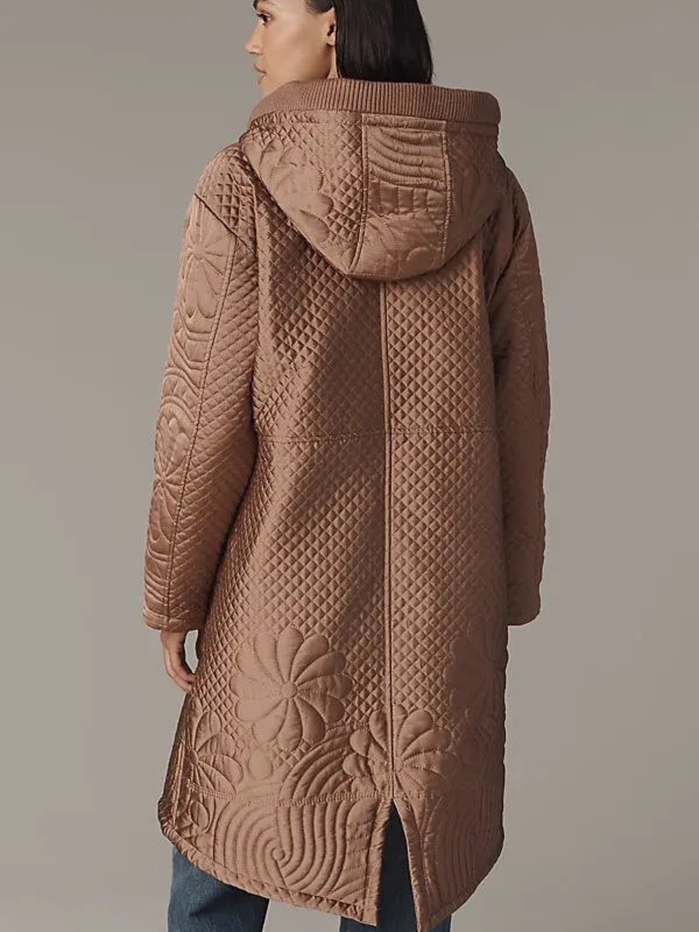Anthropologie Embroidered Hooded Anorak Coat Bronze Floral Quilted Jacket